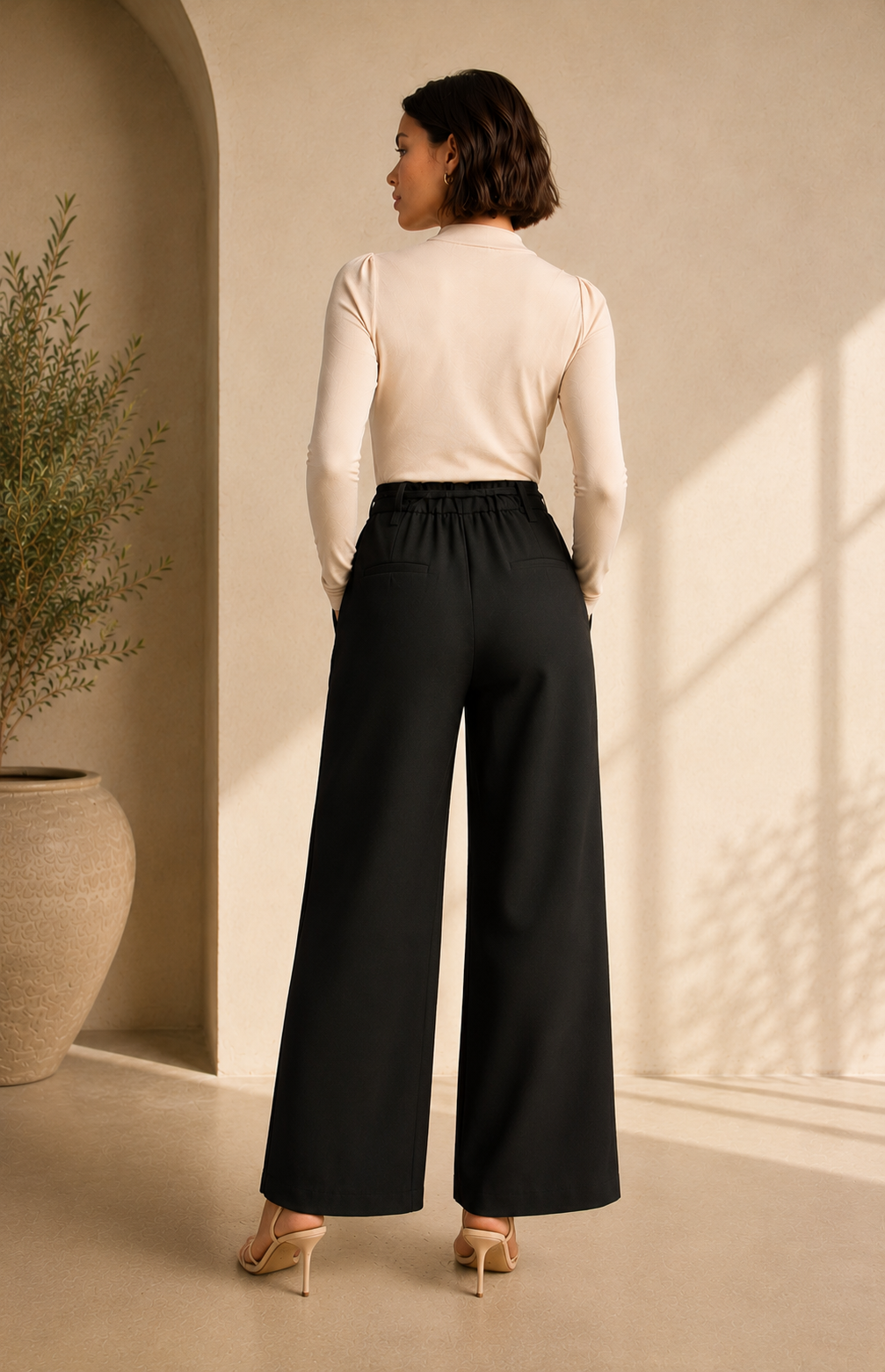 Black Straight-Leg Tie Waist Trousers