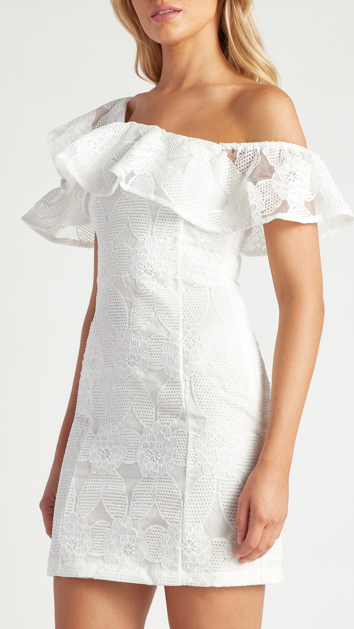 Off-Shoulder Lace Mini Dress - White