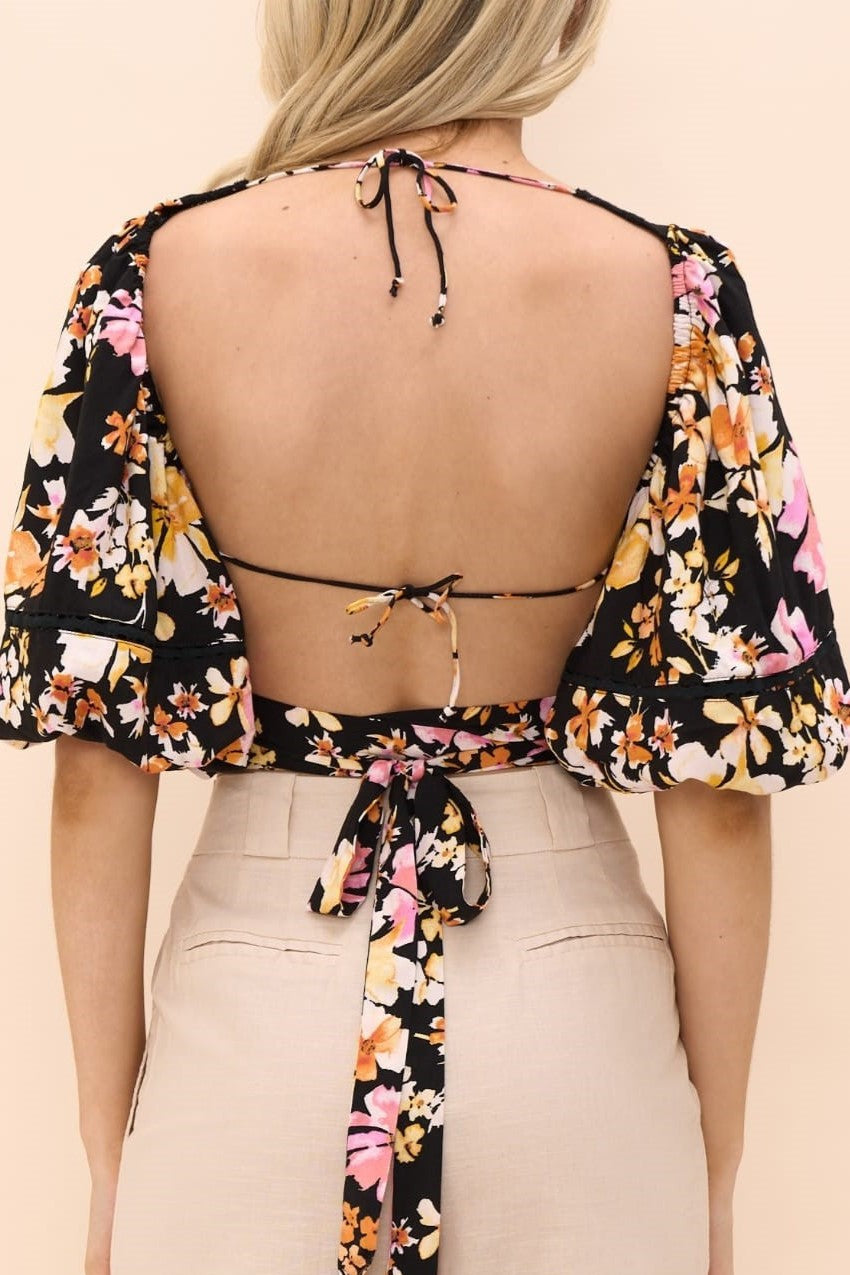 Floral tie-back crop top, open back with multiway ties, black with pink and yellow flowers