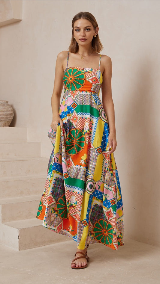 Vibrant Patchwork Print Maxi Dress