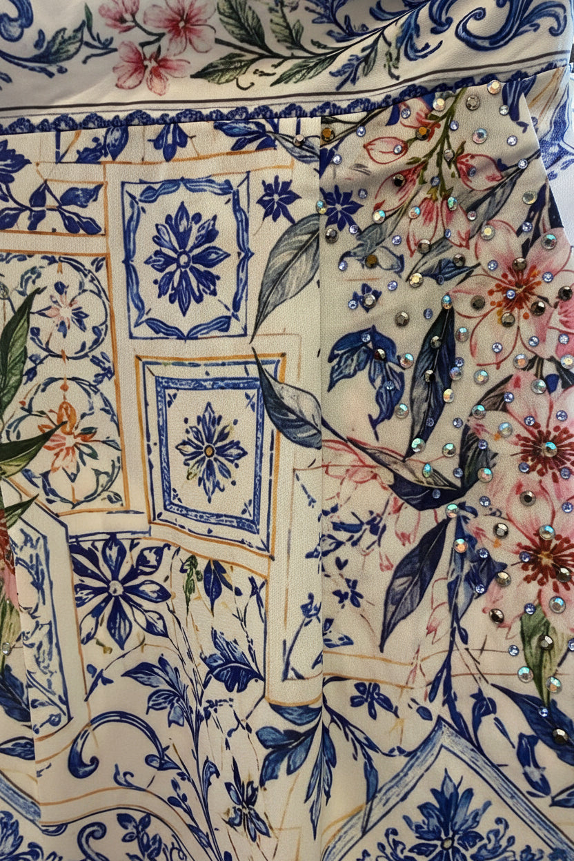 Mosaic Garden Wide-Leg Pants - close-up of rhinestone gem embellishment around pocket detail on mosaic floral print fabric