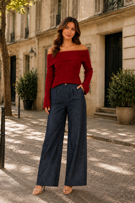 Woman wearing a red off-shoulder top and blue pants standing on a street in an urban setting.