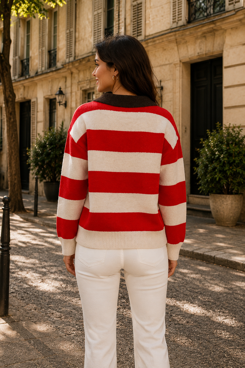 Women's red and ivory striped knit sweater with charcoal collar, soft brushed texture and button detail.