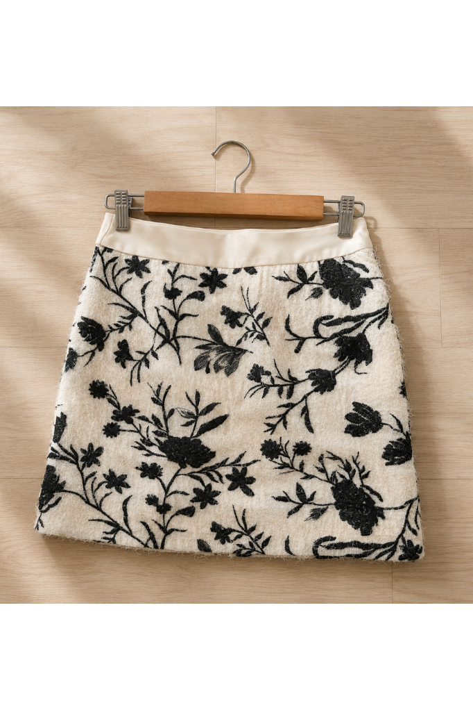 Ivory Black Floral Embroidered Mini Skirt - Flat Lay