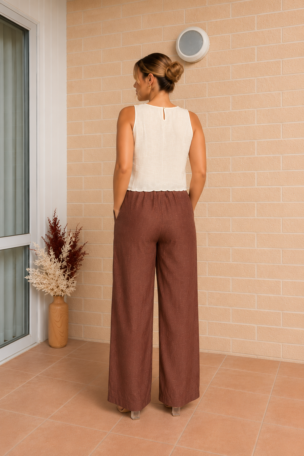 Chocolate Brown Linen Wide Leg Pants - Back View