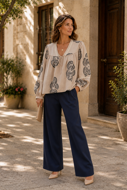 Ama Embroidered Balloon Sleeve Blouse