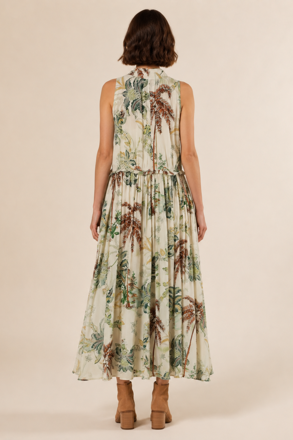 Earth & Fern Maxi Dress back view — full botanical print with palm trees and ferns, sleeveless open back