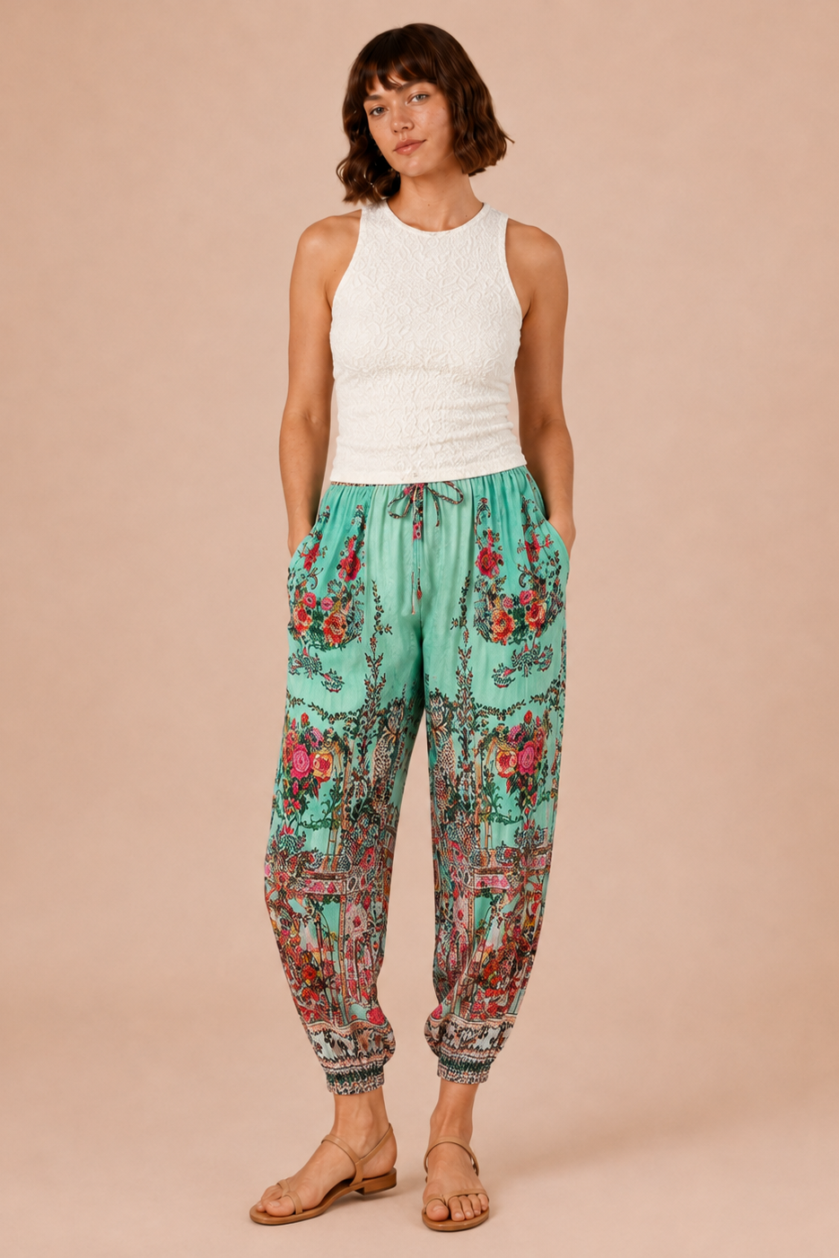 Botanical Garden Harem Pants - back view showing full ornate floral print and elasticated waistband