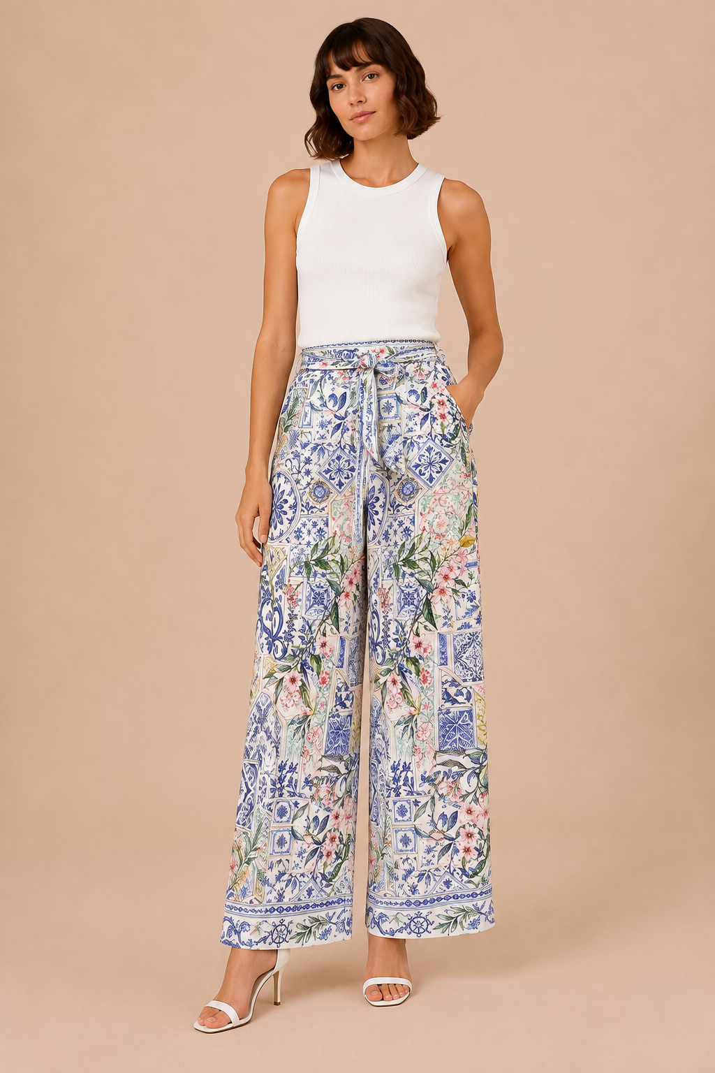 Mosaic Garden Wide-Leg Pants - front view showing mosaic tile and botanical floral print with self-tie waist belt