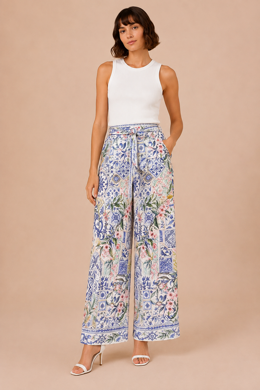 Mosaic Garden Wide-Leg Pants - front view showing mosaic tile and botanical floral print with self-tie waist belt