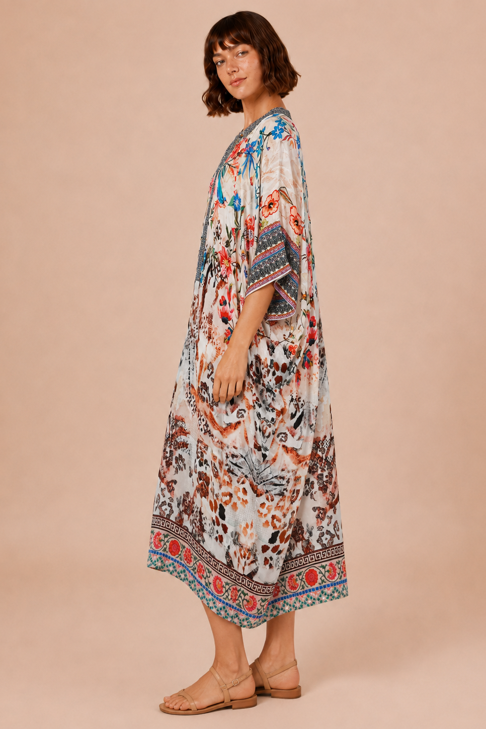 Botanical Garden Kaftan Dress - back view showing full print and decorative border cuffs