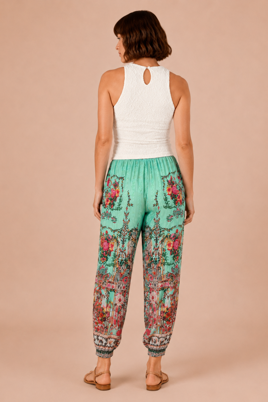 Botanical Garden Harem Pants - front view showing vibrant teal floral print and elasticated drawstring waist