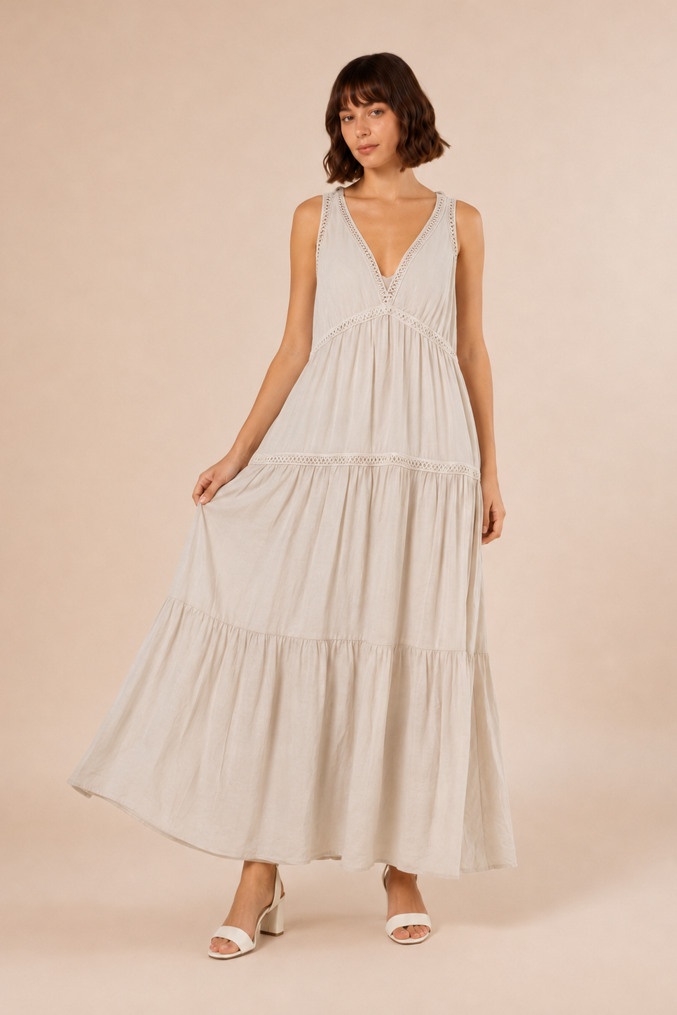 Crochet Trim Tiered Maxi Dress - front view