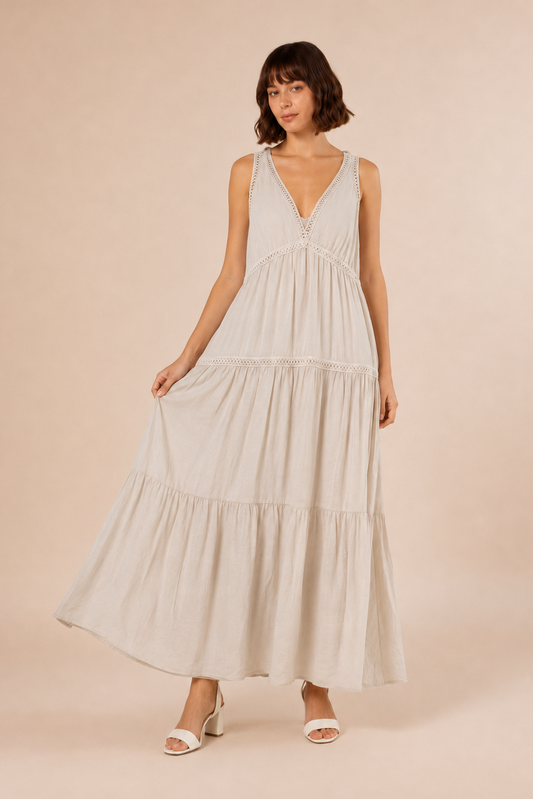 Crochet Trim Tiered Maxi Dress - front view