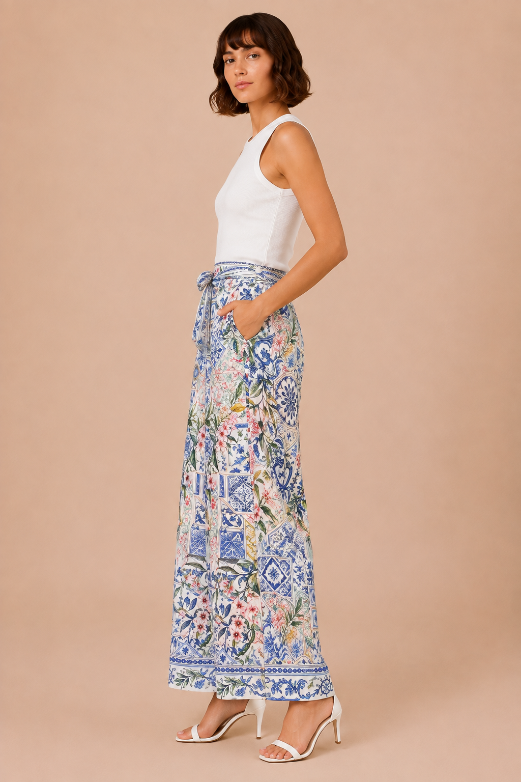 Mosaic Garden Wide-Leg Pants - side profile showing fluid wide-leg silhouette and full length