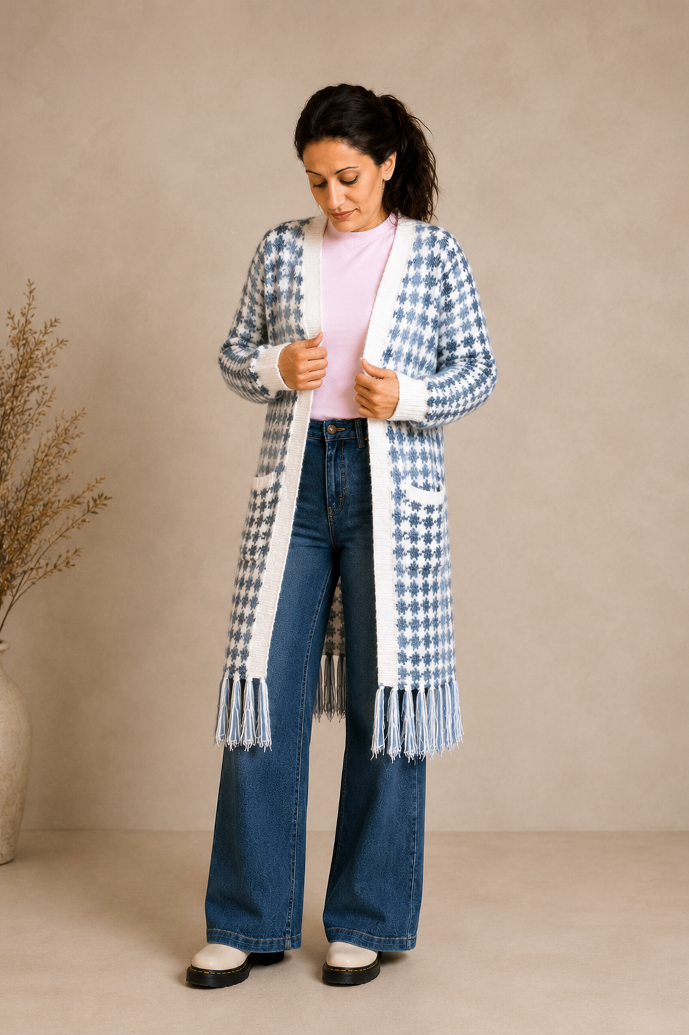 Blue Houndstooth Fringe Longline Cardigan