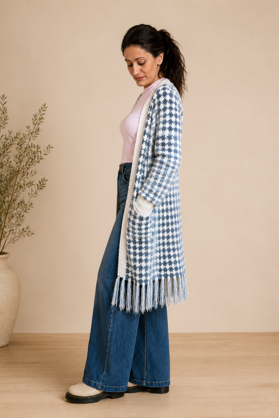 Blue Houndstooth Fringe Longline Cardigan