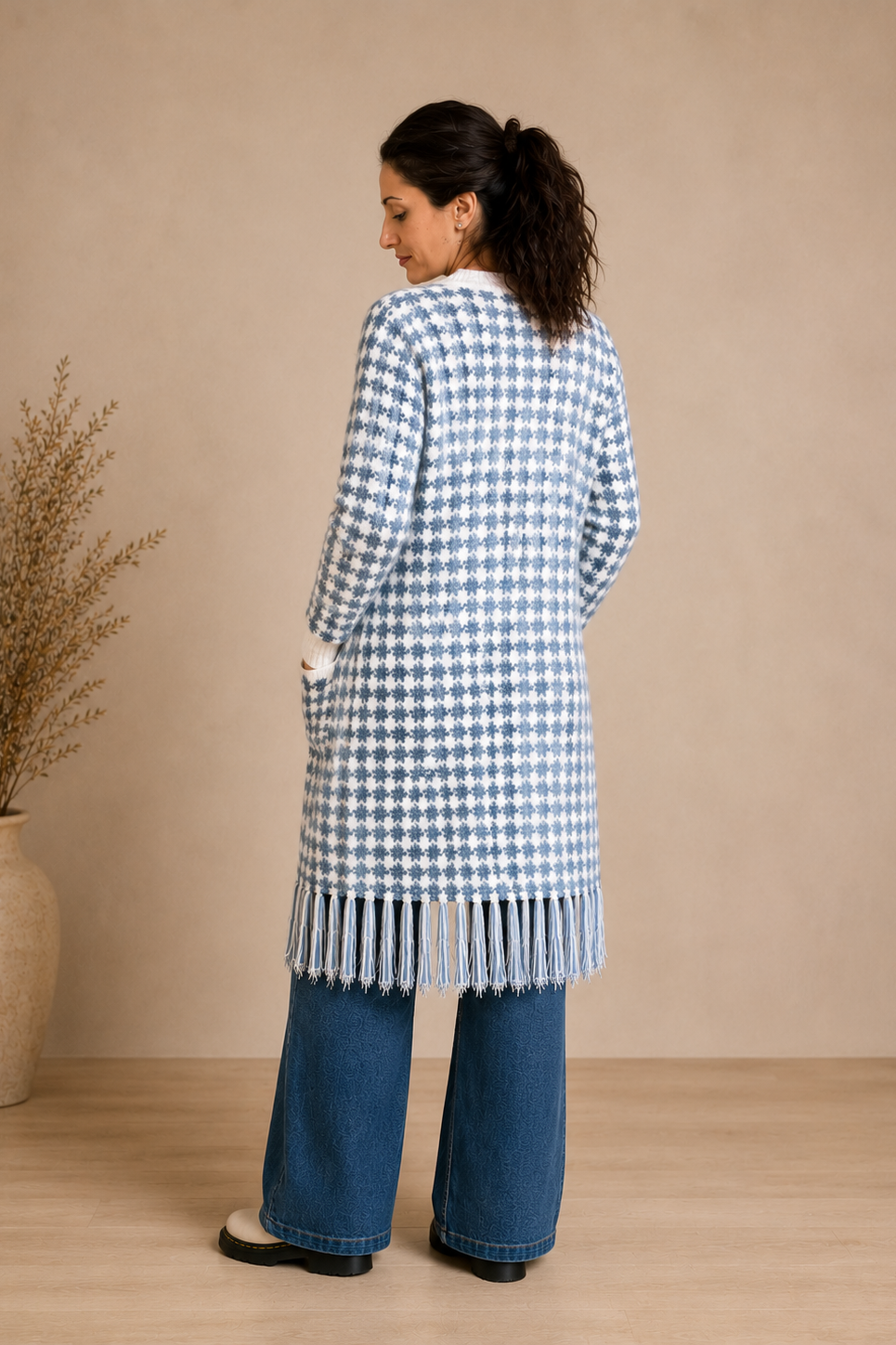 Blue Houndstooth Fringe Longline Cardigan