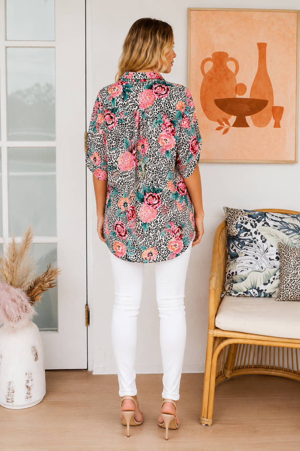 Floral Leopard Print Oversized Button Shirt
