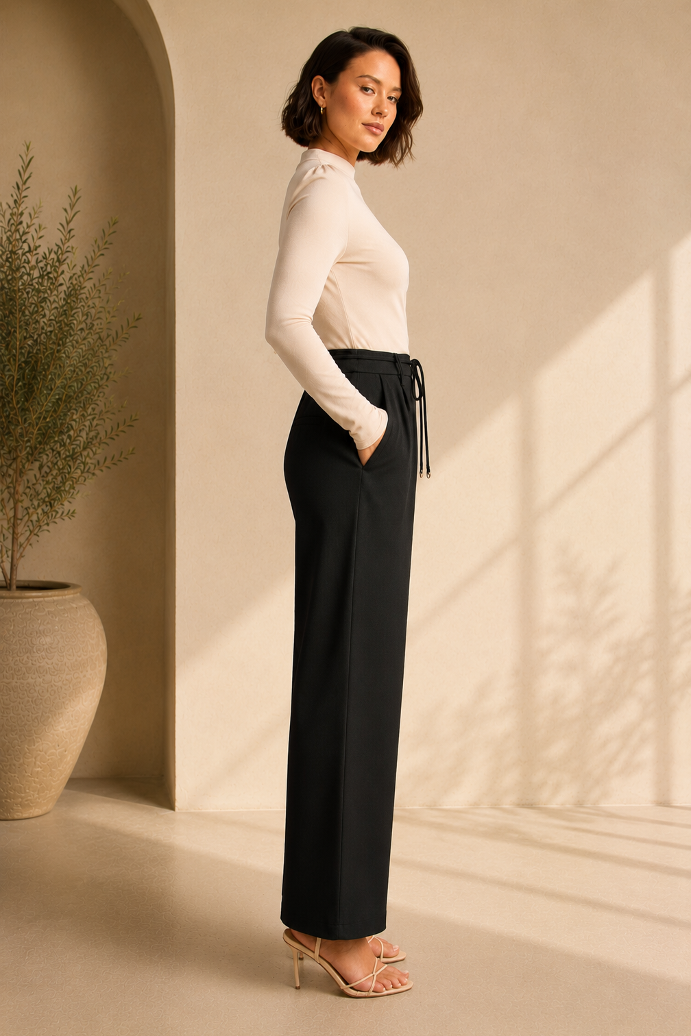 Black Straight-Leg Tie Waist Trousers
