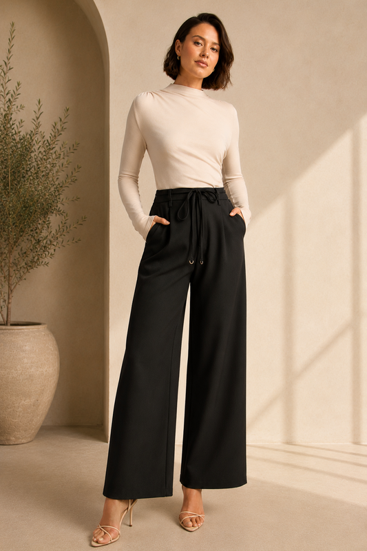 Black Straight-Leg Tie Waist Trousers