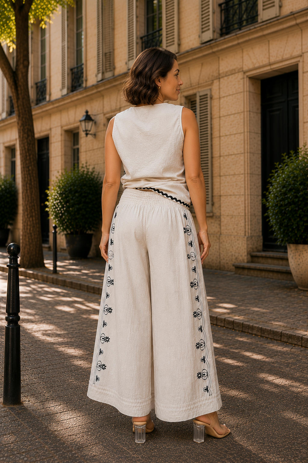 Monochrome Embroidered Wide Leg Pants