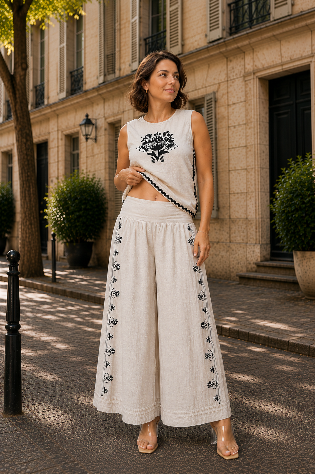 Monochrome Embroidered Wide Leg Pants