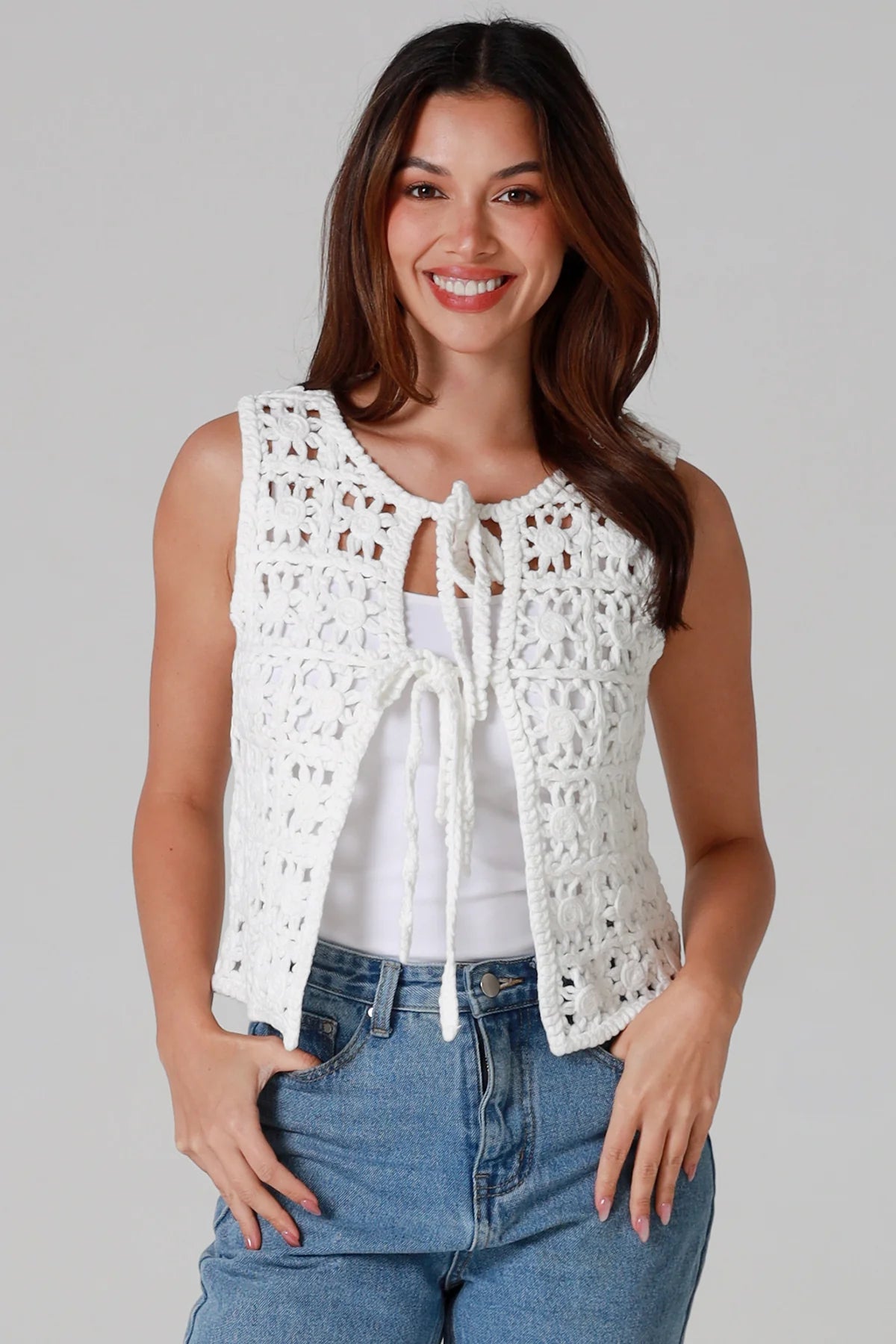 Crochet Granny Square Vest - Cream - Front View