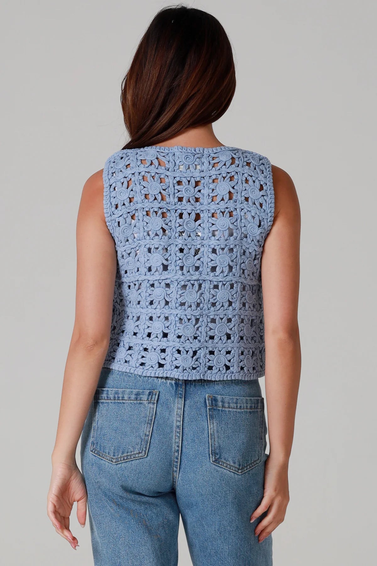Crochet Granny Square Vest - Blue - Back View
