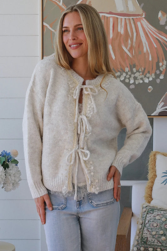 Luna Tie Front Knit Cardigan – Cream