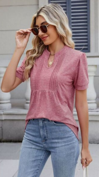 Notched Short Sleeve Solid Color Top