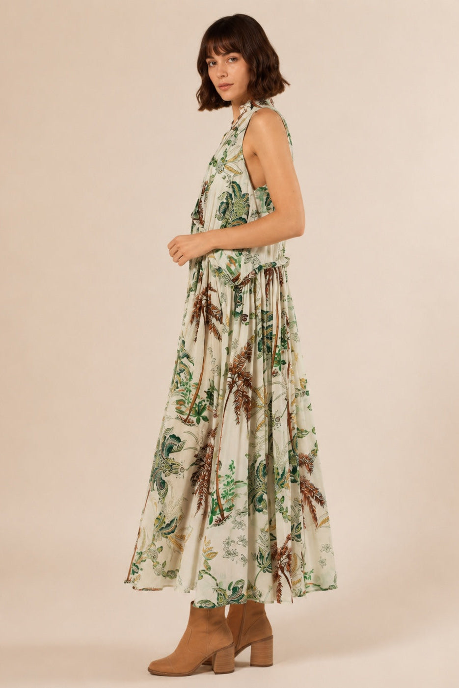Earth & Fern Maxi Dress side view — showing fluid maxi silhouette and gathered waist detail