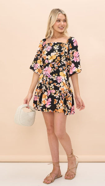 Vibrant Floral Open-Back Mini Dress