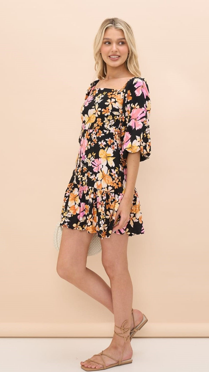 Vibrant Floral Open-Back Mini Dress