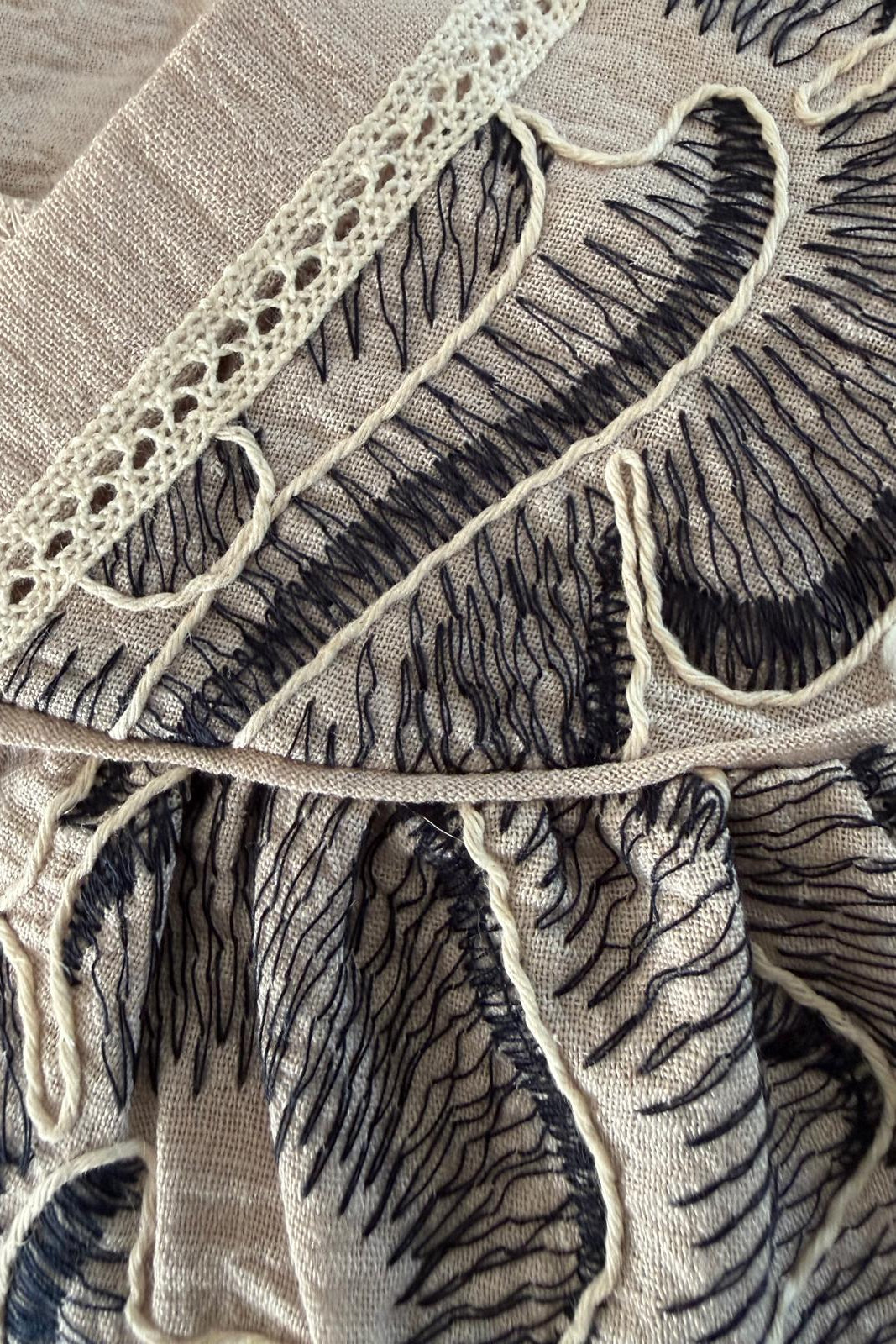 Floral Embroidered Balloon Sleeve Blouse - fabric detail showing black floral embroidery and lace trim