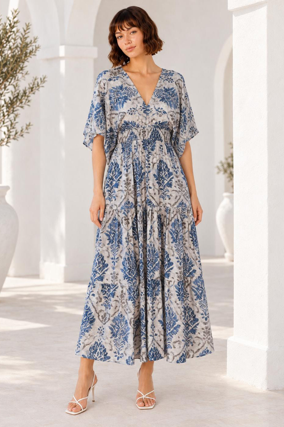 Mahi Dress blue botanical print midi dress front view full length