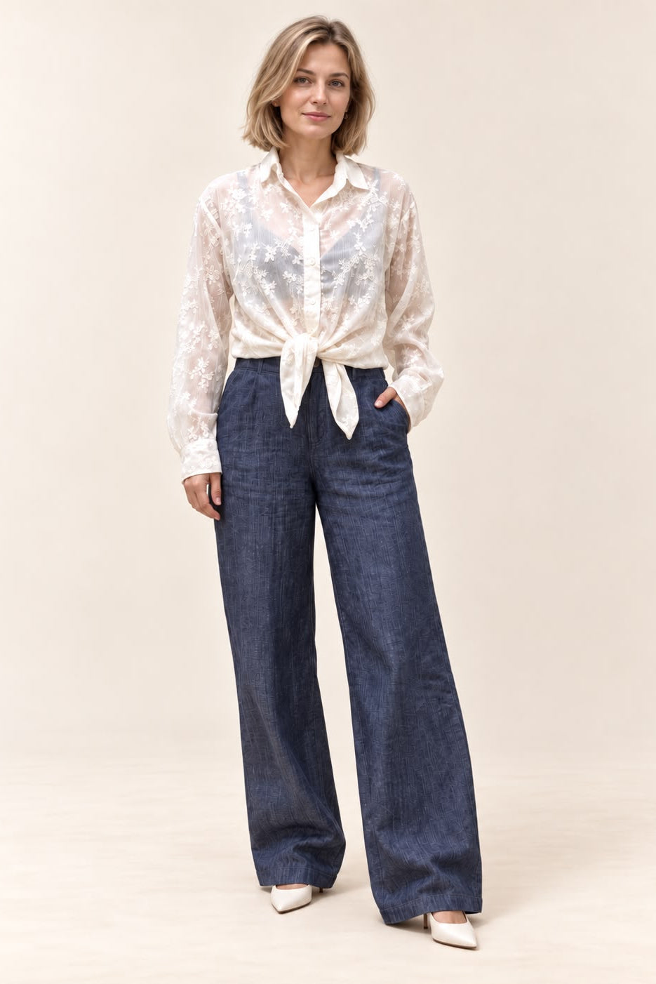 Sasha Lace Shirt in ivory - front view styled knotted at the waist