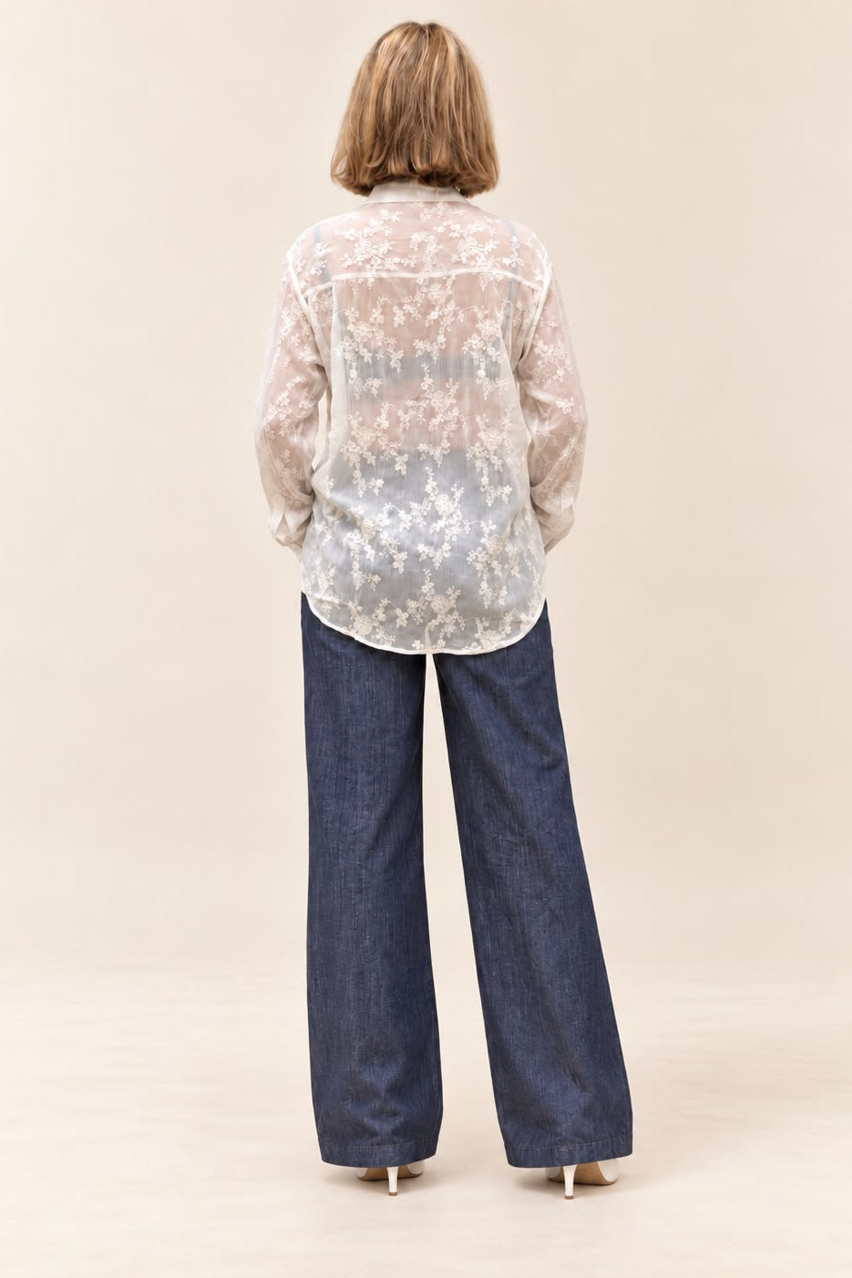 Sasha Lace Shirt in ivory - back view showing sheer lace fabrication and classic collar
