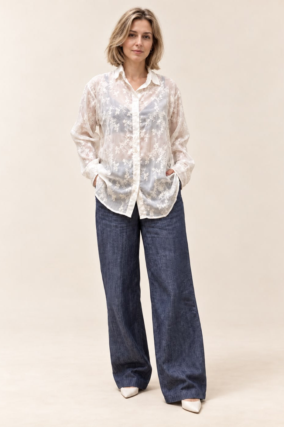 Sasha Lace Shirt in ivory - full front view with button-front detail