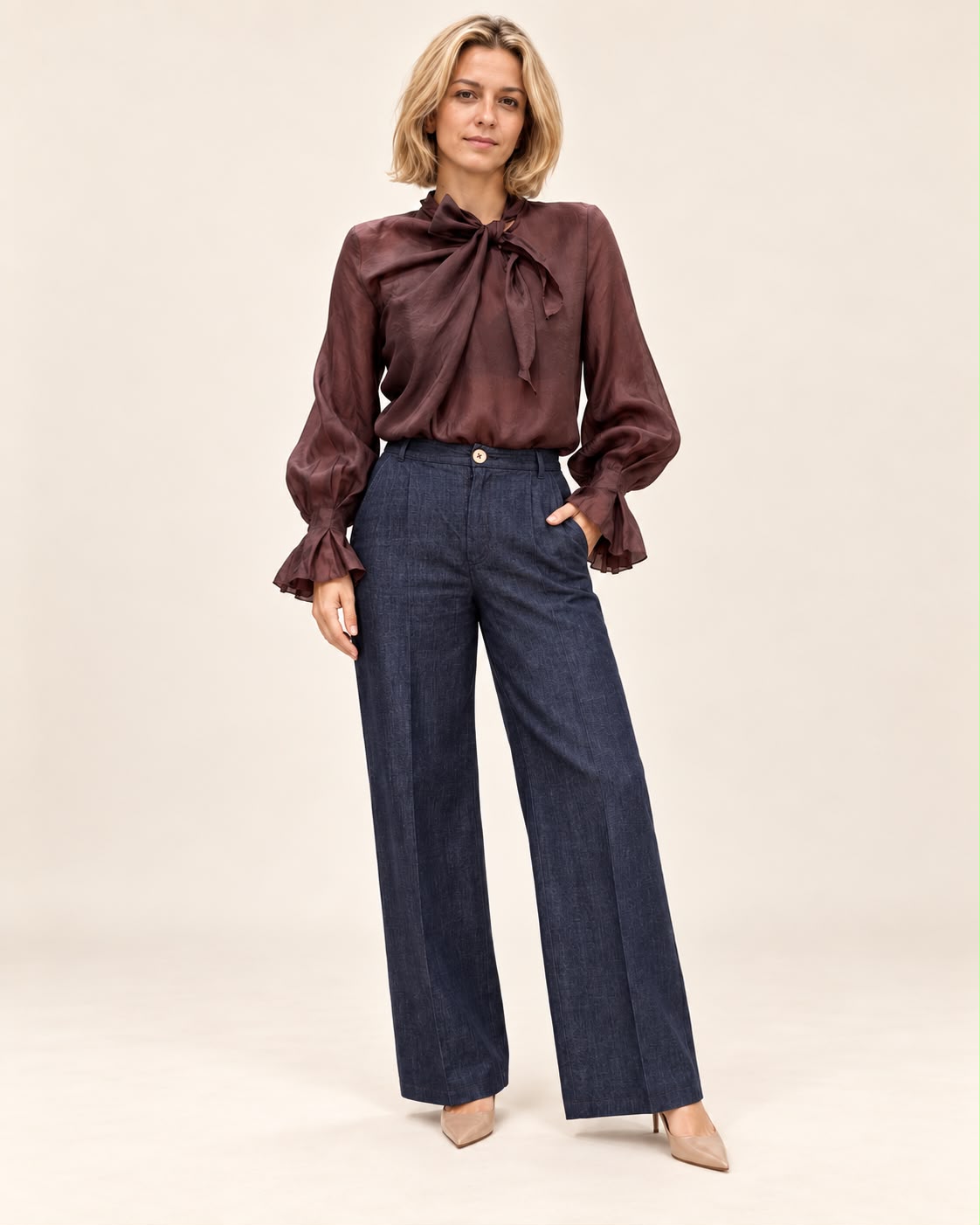 Barg Blouse Burgundy - full front view showing bow-tie neckline and voluminous sleeves