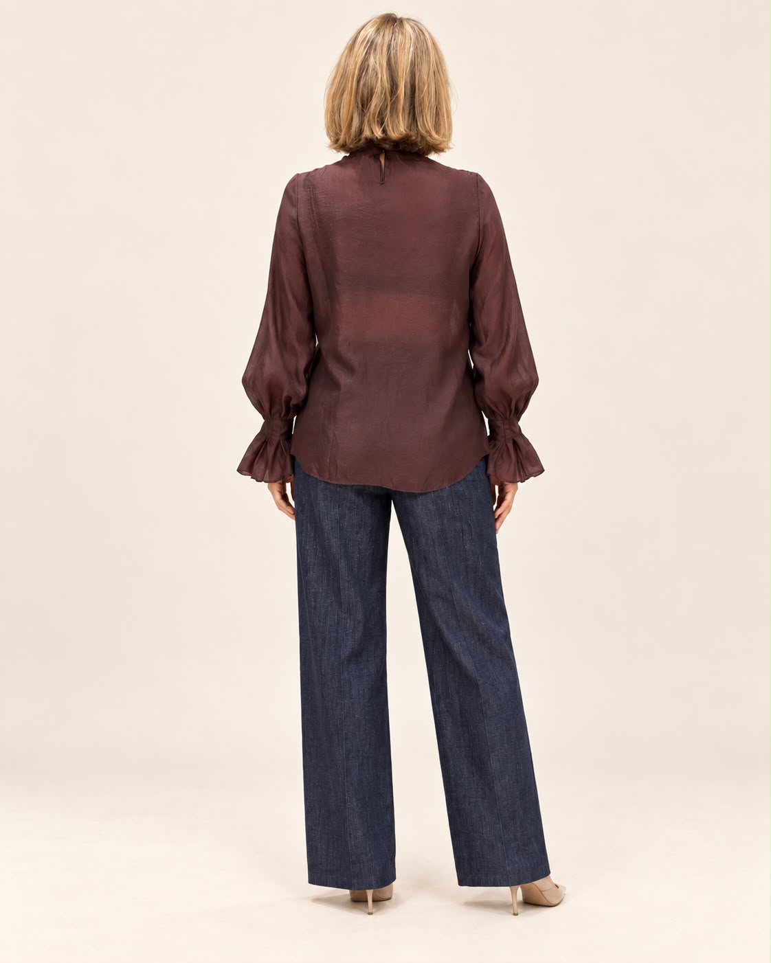 Barg Blouse Burgundy - back view showing fluid drape and ruffle cuffs