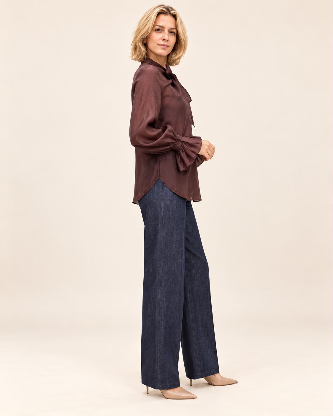 Barg Blouse Burgundy - side profile view showing voluminous sleeve and silhouette