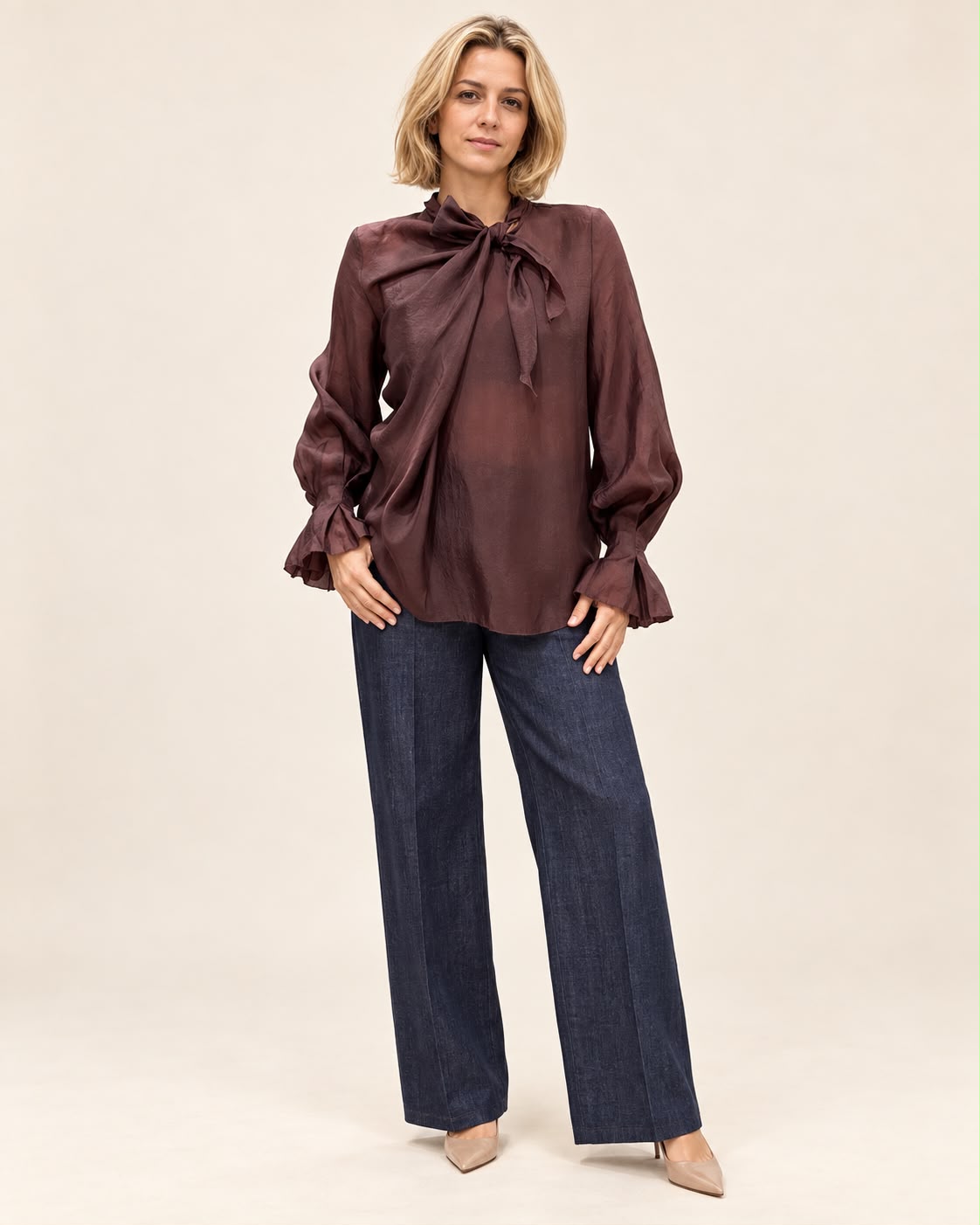 Barg Blouse Burgundy - full front view styled with wide-leg trousers