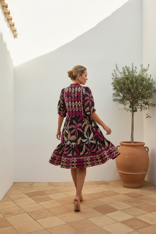 Black Tropical Palm Print Puff Sleeve Midi Dress