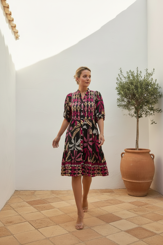 Black Tropical Palm Print Puff Sleeve Midi Dress