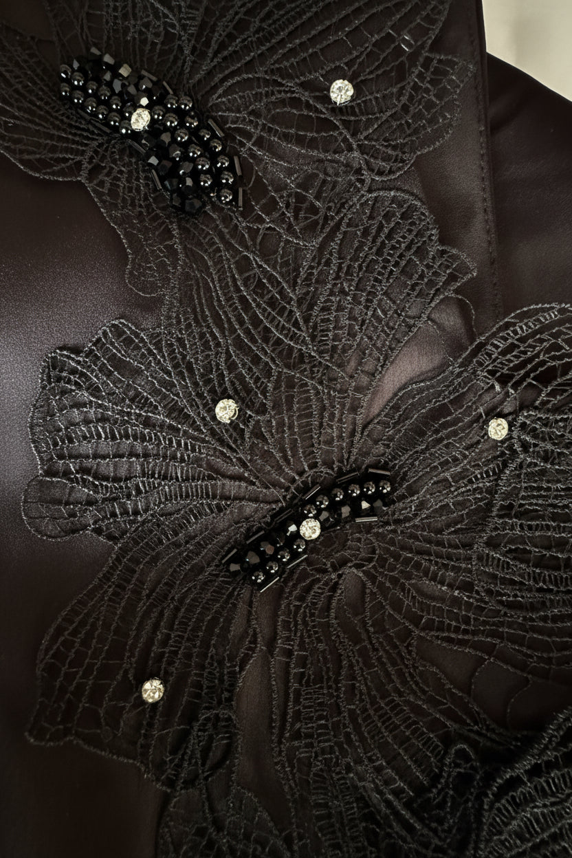 Black Lace Beaded Satin Slip Dress - Lace Detail